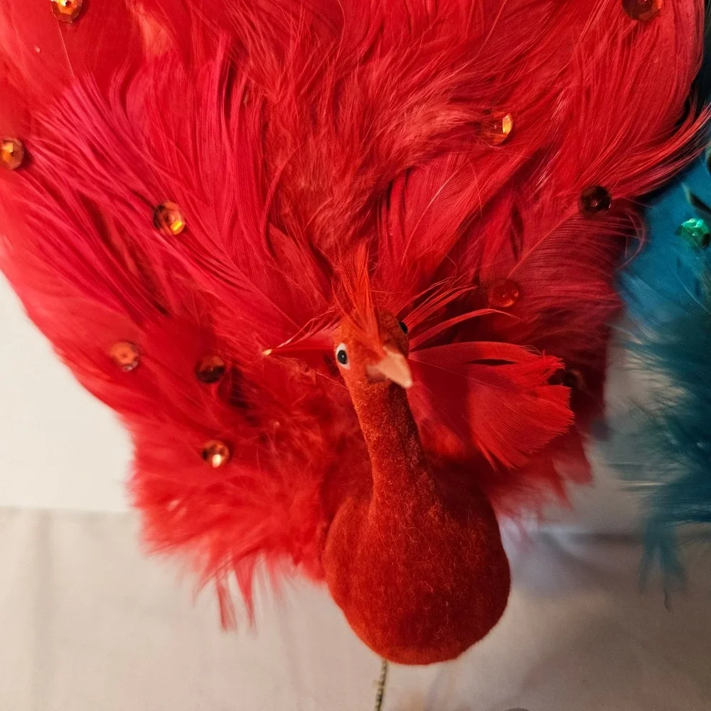 Vintage Style Red and Blue Feather Peacock Ornaments Sequin Flocked Bird Pair